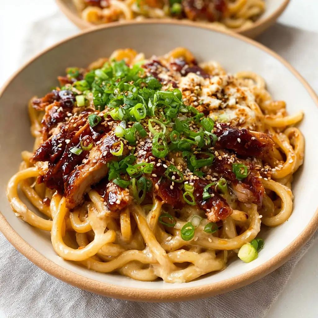 Garlic noodles tossed with spicy teriyaki chicken, green onions, sesame seeds in white bowls