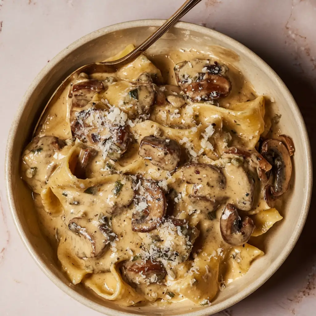 Bowl of pappardelle pasta in gorgonzola truffle cream sauce tossed with sliced mushrooms and parmesan