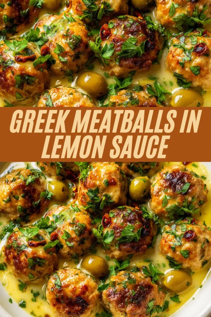 GREEK MEATBALLS IN LEMON SAUCE overlay meatballs creamy sauce olives parsley white dish.