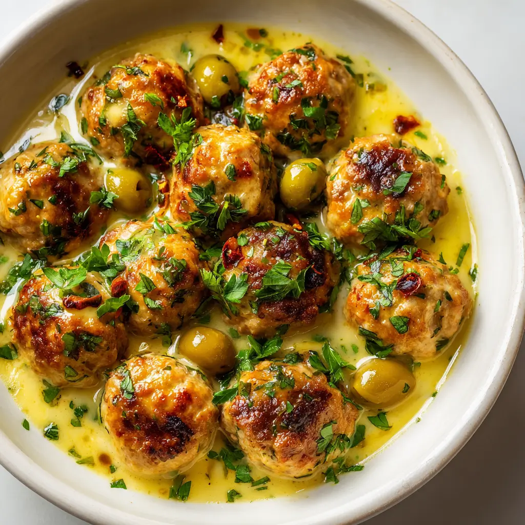 Greek meatballs lemon sauce bowl roasted meatballs yellow sauce olives parsley white bowl overhead.