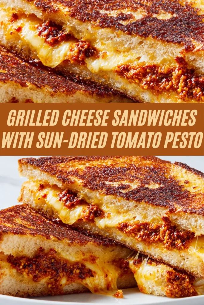 Grilled cheese with sun-dried tomato pesto recipe pin showing gooey sandwiches with mustard seeds