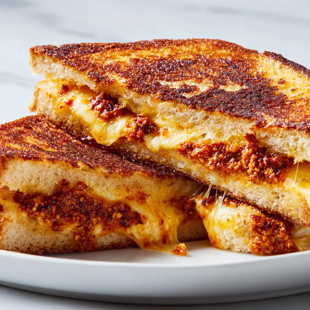 Golden grilled cheese sandwiches oozing provolone with red sun-dried tomato pesto and mustard seeds