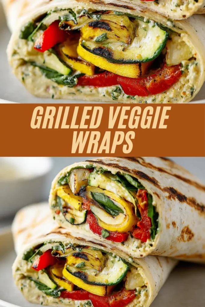 Stacked grilled veggie wraps revealing zucchini, peppers, onions, spinach, and herbed spread layers