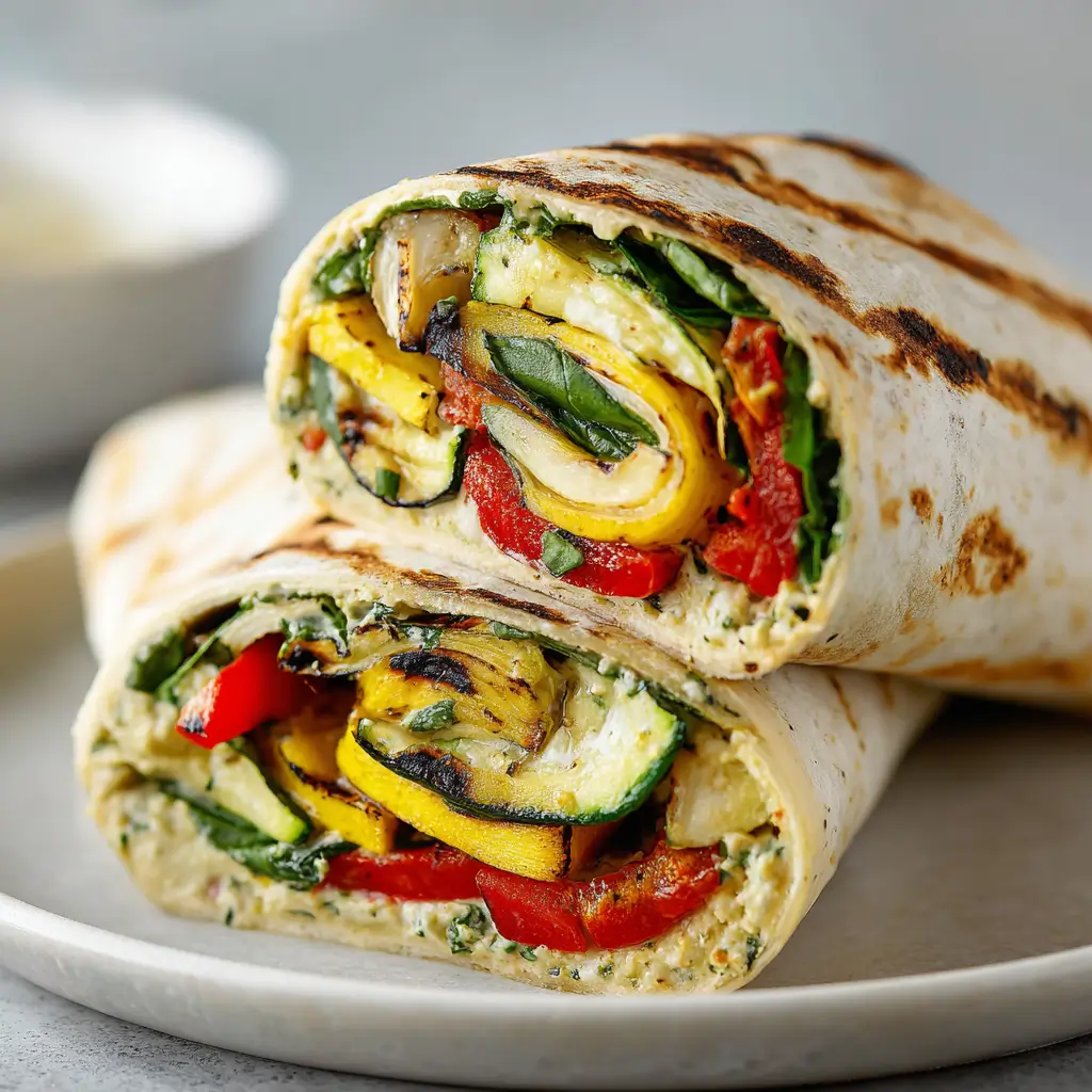 Grilled veggie wraps filled with charred zucchini, yellow squash, red peppers, spinach, and creamy spread in tortillas