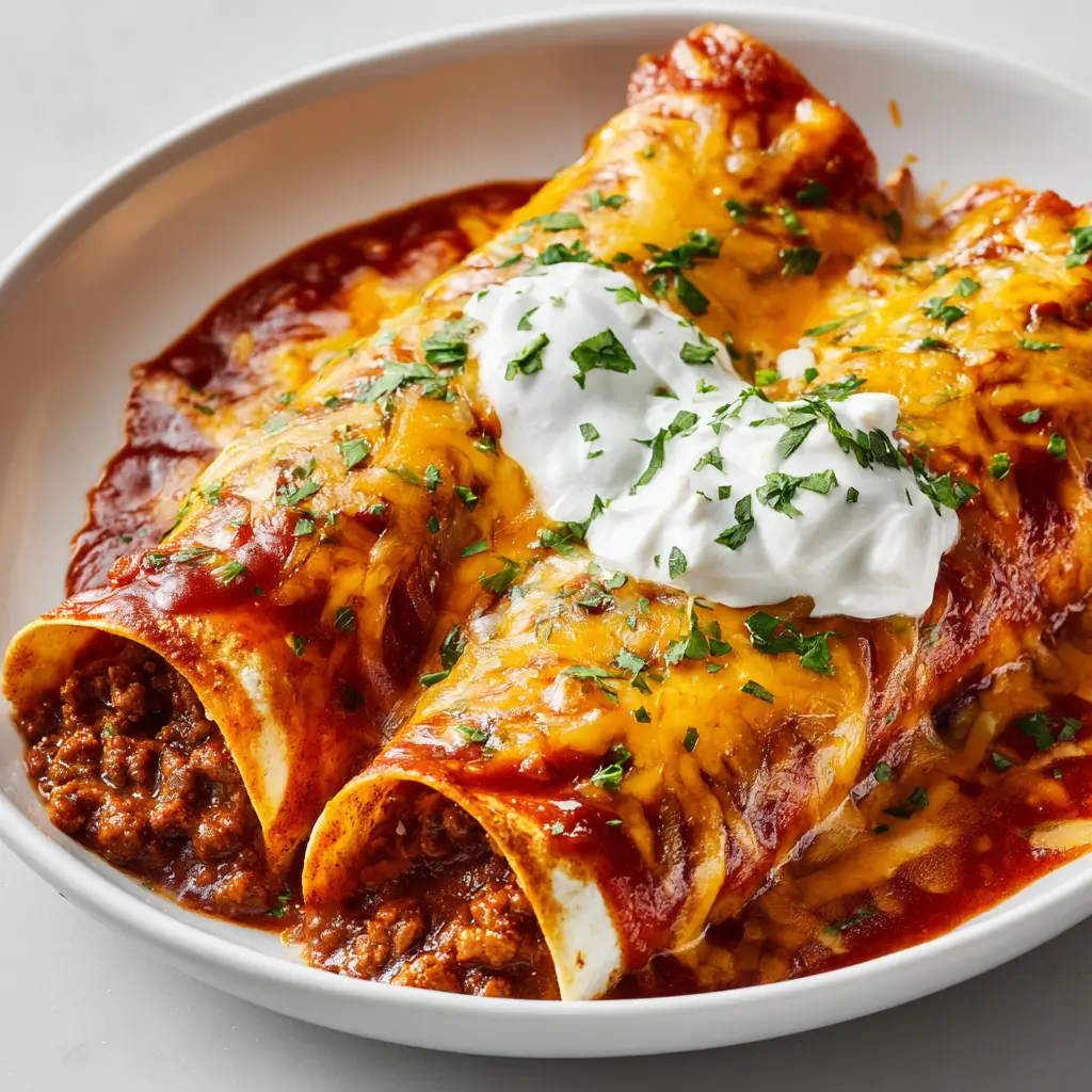 Baked ground beef enchiladas smothered in enchilada sauce, melted cheddar, sour cream dollops