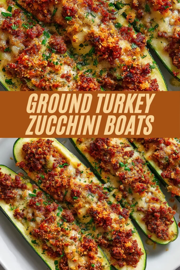 Ground turkey zucchini boats recipe image with baked stuffed zucchini topped with cheese and herbs on white plate