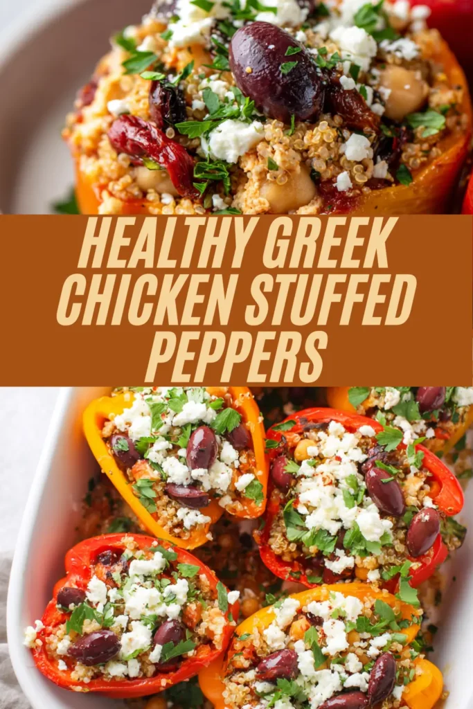 Vibrant stuffed bell peppers with Greek chicken quinoa feta olives chickpeas in white dish