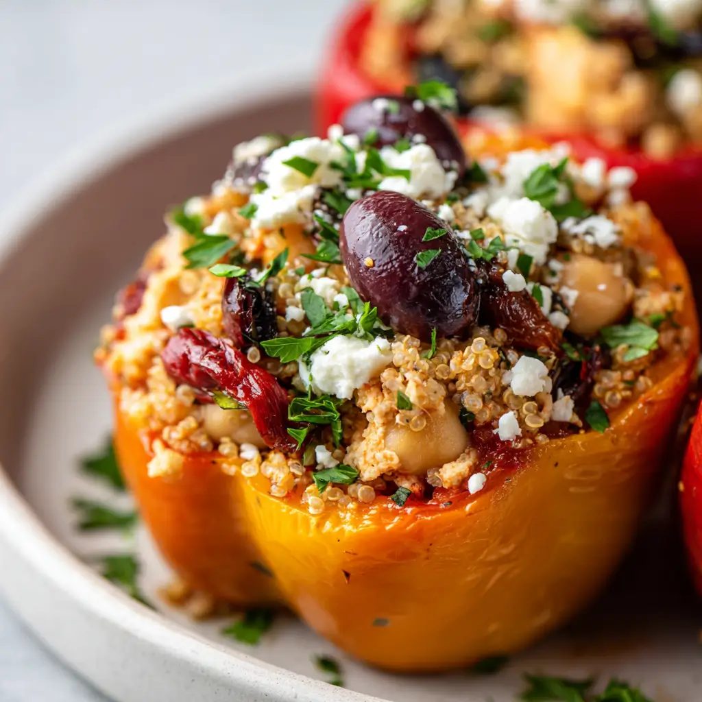Golden bell pepper stuffed with quinoa chicken feta olives chickpeas and fresh parsley
