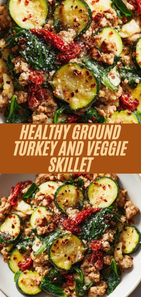 healthy ground turkey and veggie skillet featuring zucchini, spinach, sun-dried tomatoes from top view and bowl serving