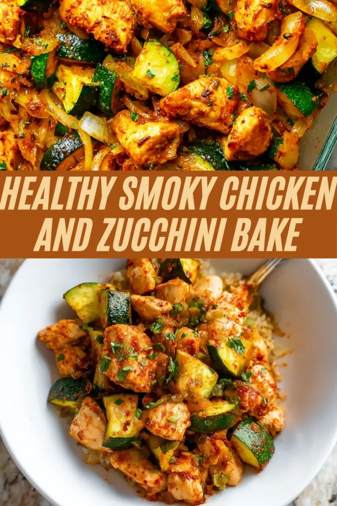 Healthy smoky chicken and zucchini bake collage showing baking dish with chicken zucchini onions and bowl serving over rice