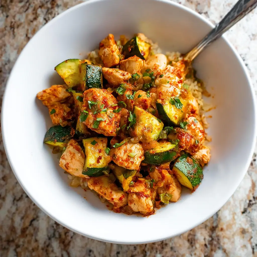 Bowl of healthy smoky chicken and zucchini bake served over rice with paprika spices and herbs