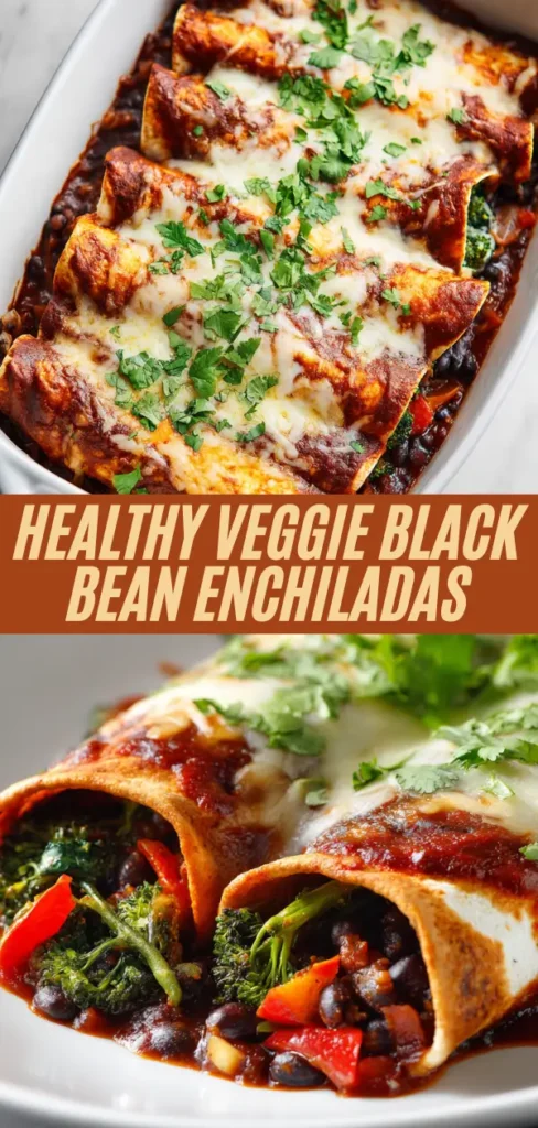 Baked tray of healthy veggie black bean enchiladas with cheese, cilantro, and close-up fillings of peppers, broccoli, beans