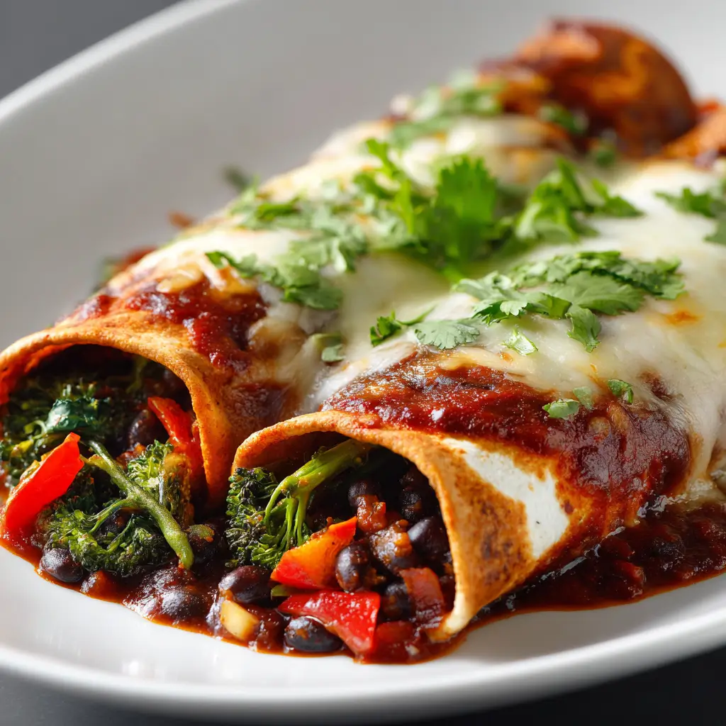 Two veggie black bean enchiladas on plate with enchilada sauce, melted cheese, cilantro, broccoli, peppers, and black beans