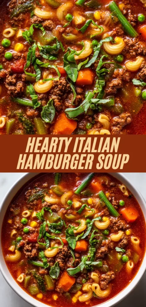 hearty Italian hamburger soup with beef, macaroni, green beans, carrots, corn, basil in bowl and close-up