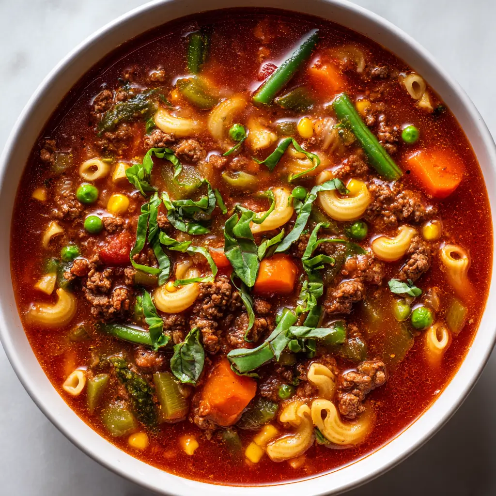Bowl of hearty Italian hamburger soup with ground beef, macaroni, green beans, carrots, corn, tomatoes, basil