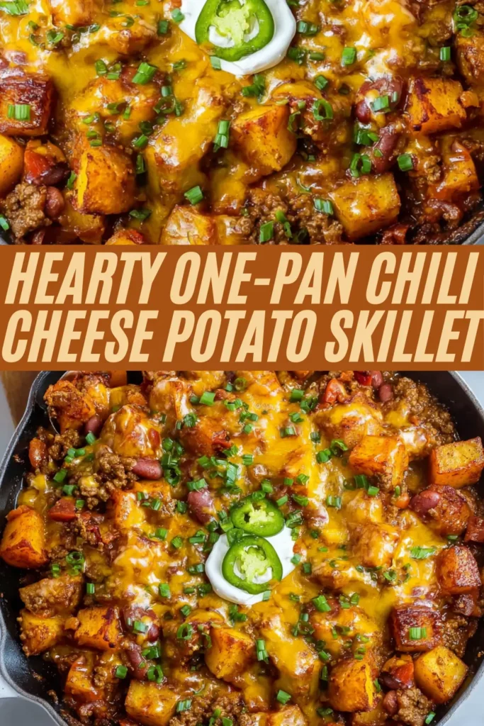 hearty one-pan chili cheese potato skillet with sweet potato chunks beef chili beans jalapeƱo cheese