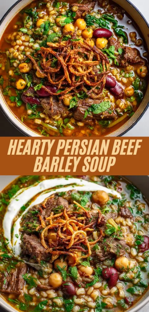Hearty Persian beef barley soup bowls with yogurt dollop, fried onions, chickpeas, kidney beans, beef and herbs multiple views