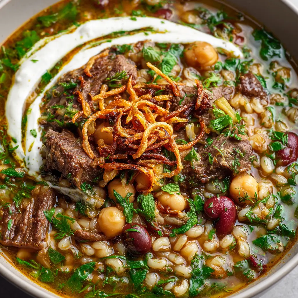 Hearty Persian beef barley soup garnished with yogurt swirl, crispy fried onions, chickpeas, kidney beans and fresh herbs
