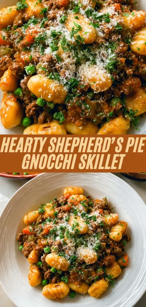 Hearty shepherd’s pie gnocchi skillet recipe with beef, carrots, peas, gnocchi, parmesan parsley