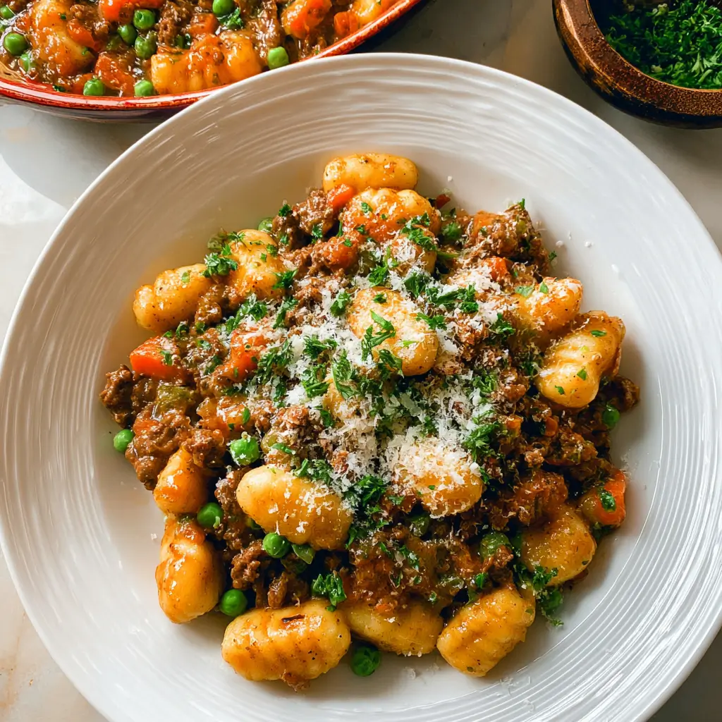 Hearty shepherd’s pie gnocchi skillet with ground beef, carrots, peas, rich gravy, parmesan garnish