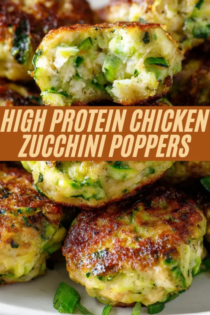 Crispy high protein chicken zucchini poppers with visible zucchini shreds, stacked on white plate with green onions