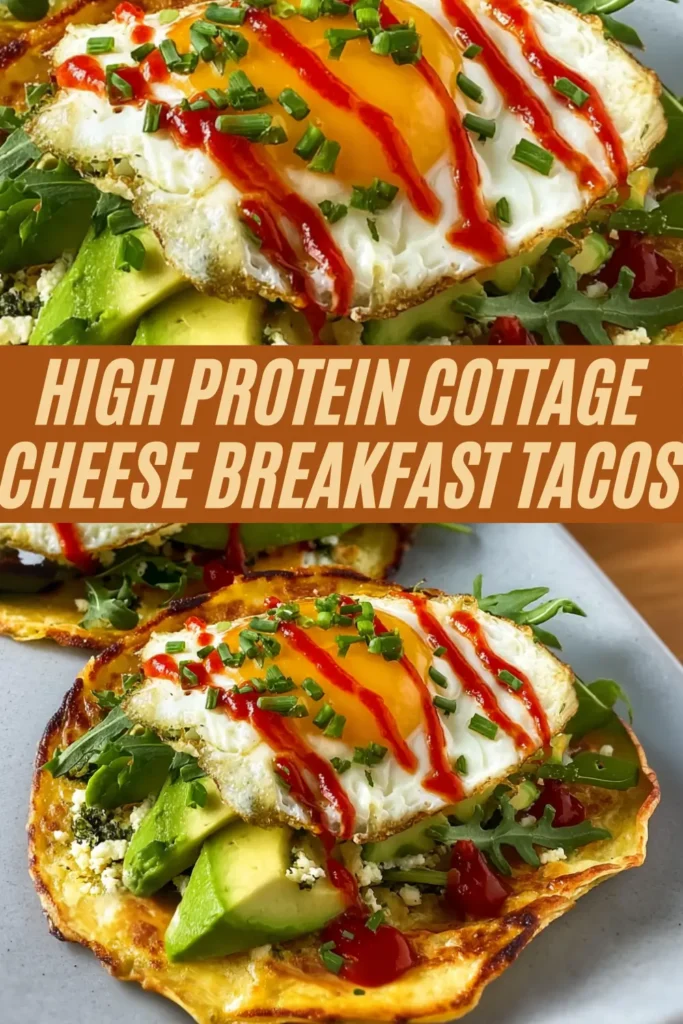 High protein cottage cheese breakfast tacos in multiple shots with sunny side up eggs sriracha avocado feta rocket and crispy cheese shells