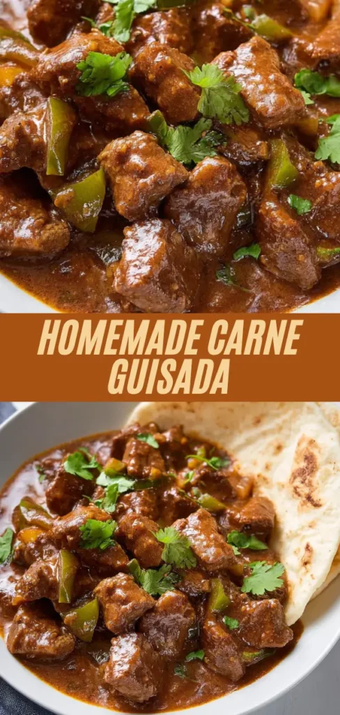 homemade carne guisada showing beef stew with peppers, cilantro, and naan bread from top and side views
