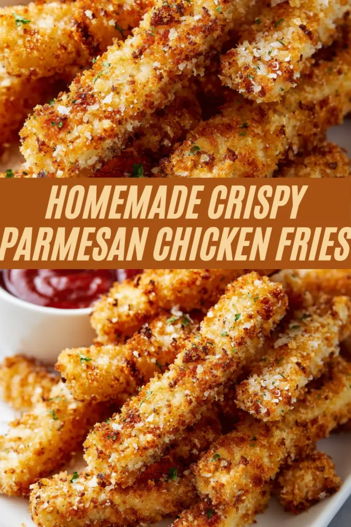 Homemade crispy parmesan chicken fries stacked high with golden breading, parmesan, parsley and ketchup dip