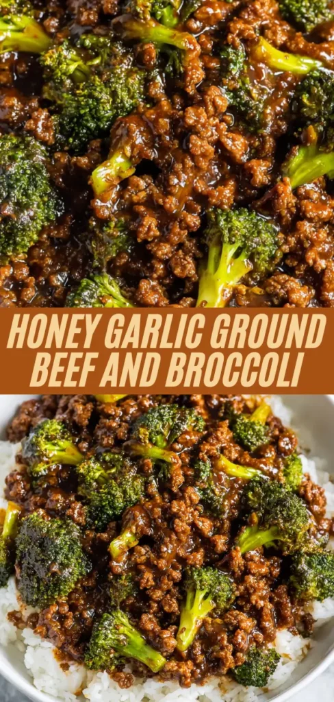 Honey garlic ground beef and broccoli recipe over steamed rice in white bowl