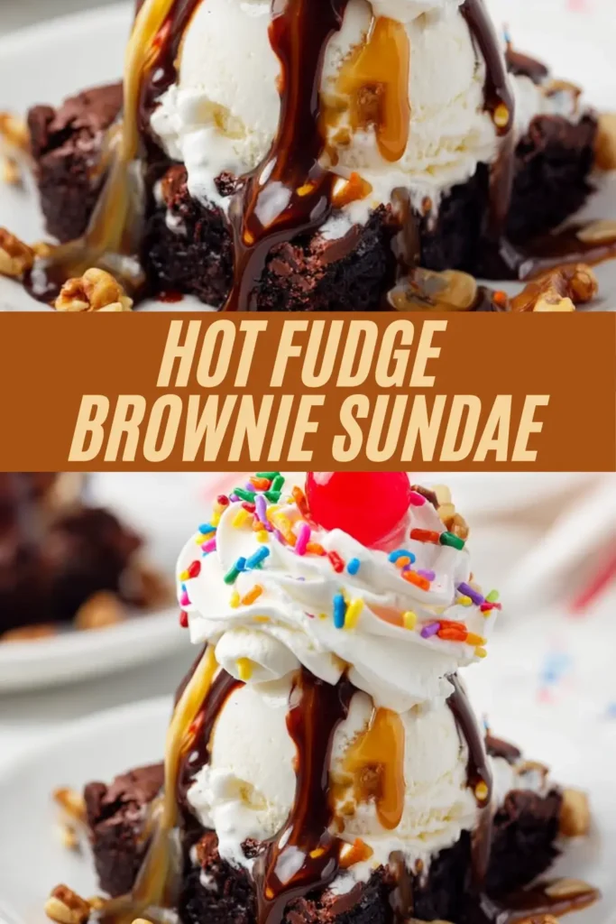 Hot fudge brownie sundae in multiple shots featuring brownie topped with ice cream hot fudge caramel whipped cream sprinkles nuts and cherry on plates