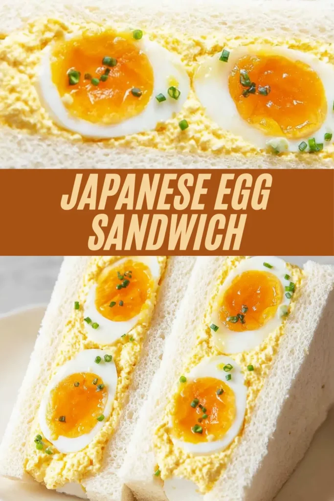 Recipe card for Japanese egg sandwich tamago sando with creamy egg salad, runny yolks, chives on milk bread.