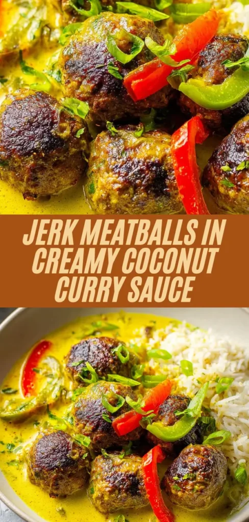 Vertical view of jerk meatballs in golden coconut curry sauce topped with sliced bell peppers, cilantro, and served with white rice