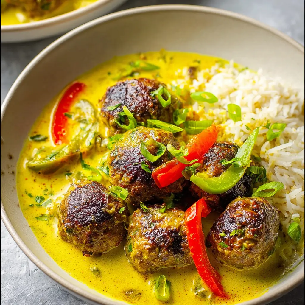 Jerk meatballs in vibrant yellow coconut curry sauce with bell peppers, cilantro, and white rice served in a bowl