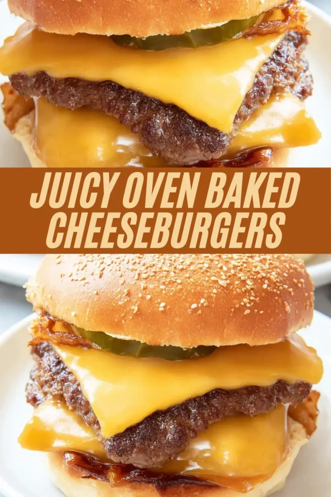 Stacked juicy oven baked cheeseburgers with double patties, melted cheese, pickles, fried onions on sesame buns