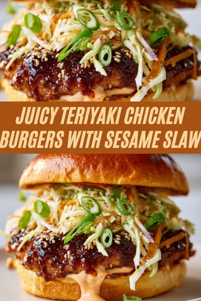 Vertical recipe collage of teriyaki chicken burgers stacked with slaw glaze sriracha orange title overlay
