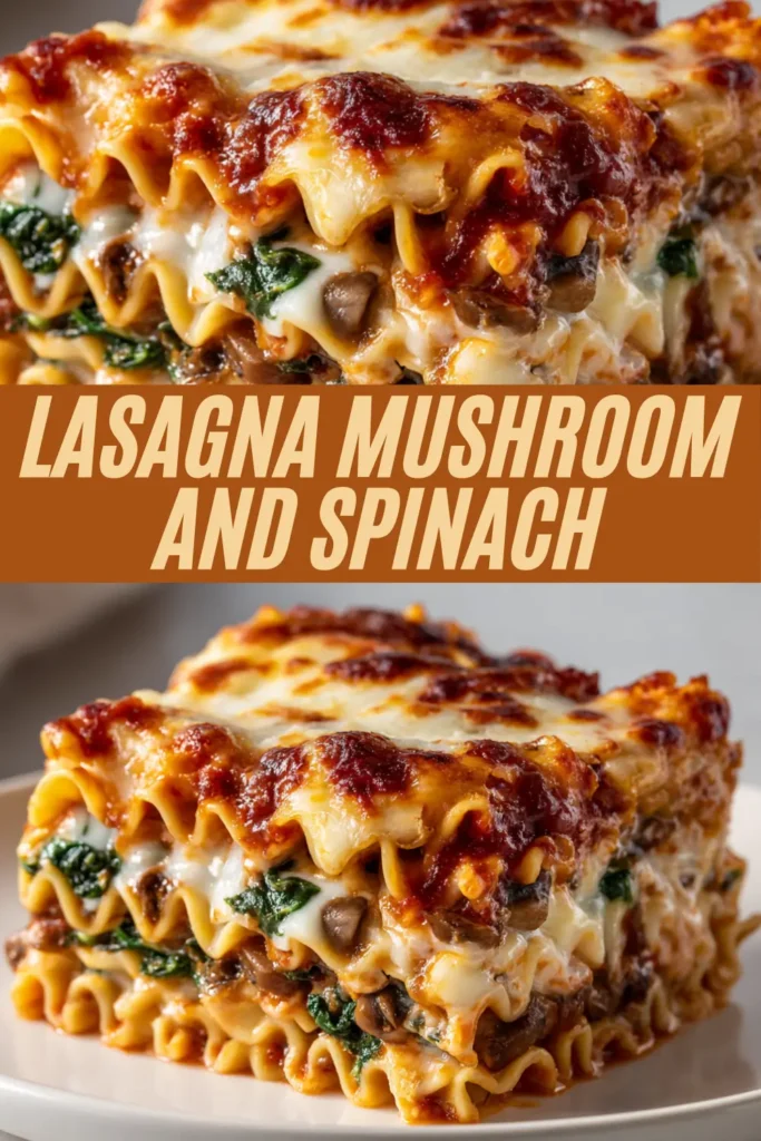 Spinach mushroom lasagna recipe graphic showing layered cheesy pasta with marinara and veggie filling