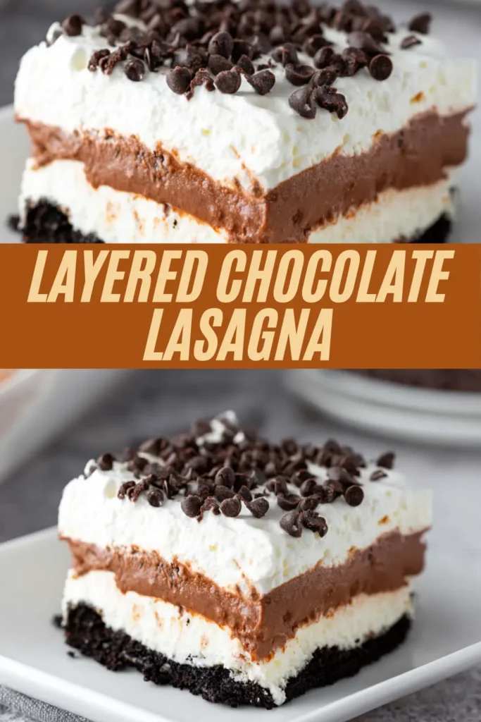 Tall stack of layered chocolate lasagna with Oreo crust, chocolate mousse, whipped cream, and chocolate chips on plates