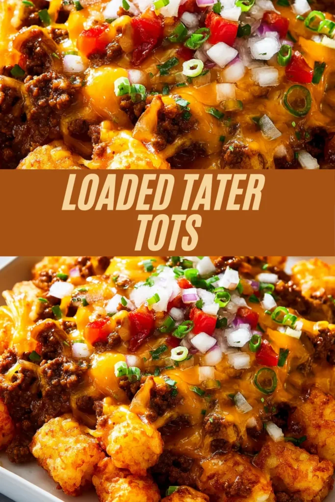 Heap of loaded tater tots covered in beef chili, melted cheese, onions, tomatoes, peppers, and green onions in a dish