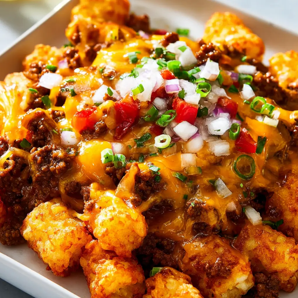 Crispy tater tots topped with ground beef chili, melted cheddar cheese, diced onions, tomatoes, red peppers, and green onions