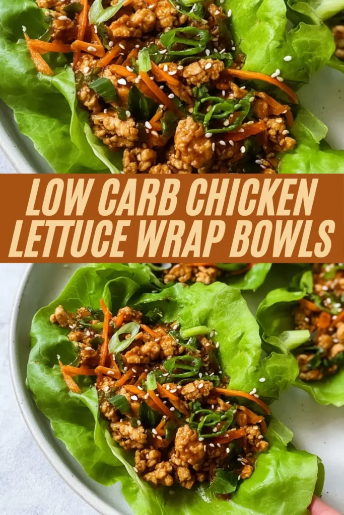 Low carb chicken lettuce wrap bowls with ground chicken, carrots, green onions, and sesame seeds in crisp lettuce leaves