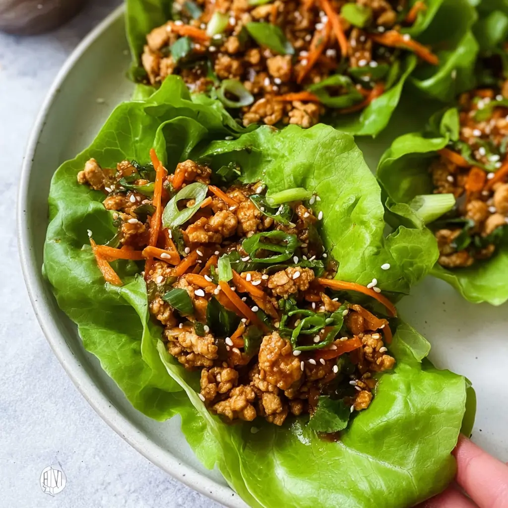 Crisp lettuce wraps filled with ground chicken stir-fry, shredded carrots, green onions, and sesame seeds