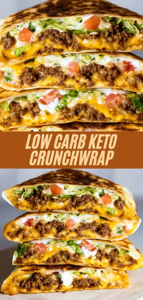 Low carb keto crunchwrap supreme recipe layered with beef, cheese sauce, lettuce, tomatoes, sour cream