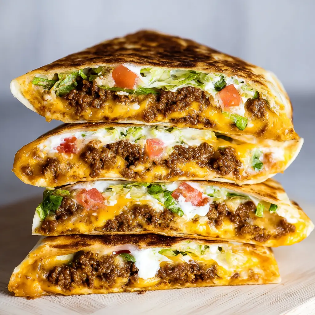 Low carb keto crunchwrap supreme stacked with seasoned beef, cheese, lettuce, tomatoes, sour cream layers