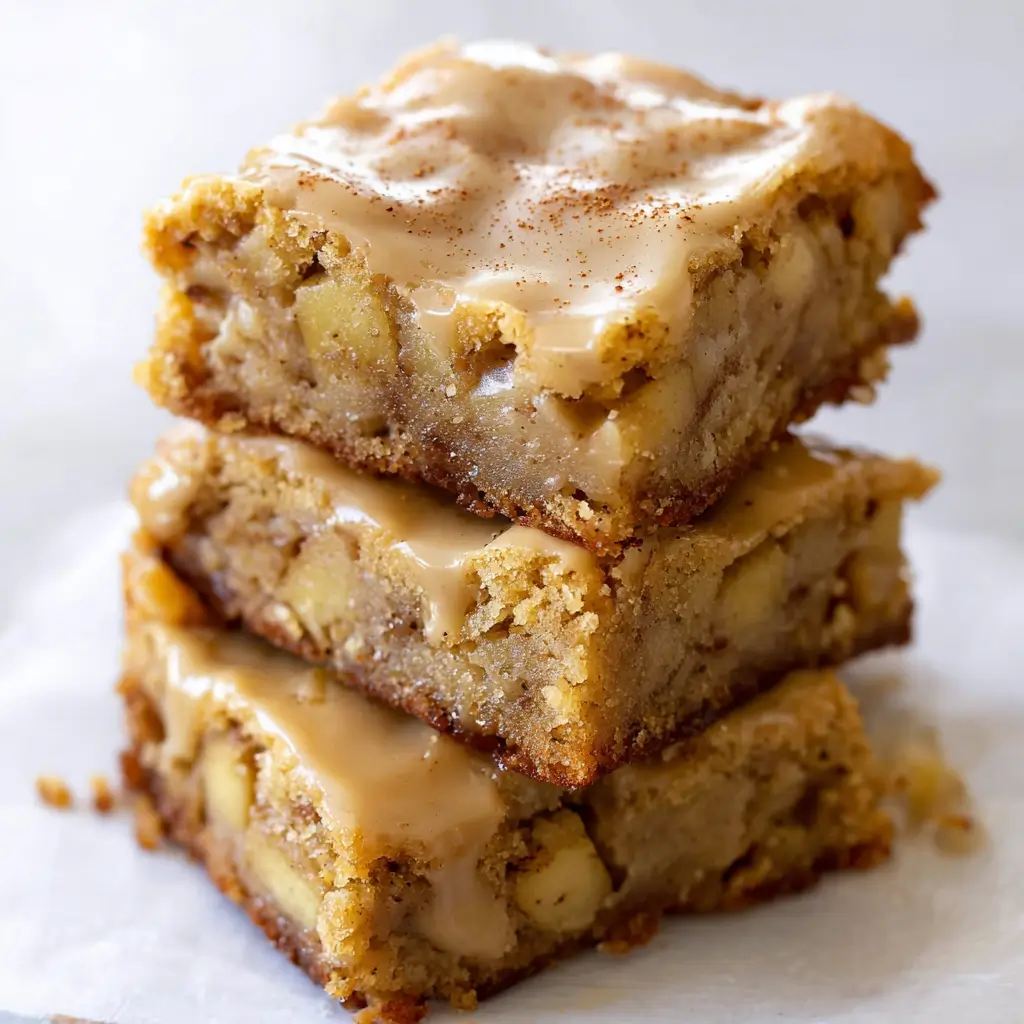 Stacked soft apple blondies topped with shiny maple glaze and cinnamon on white plate