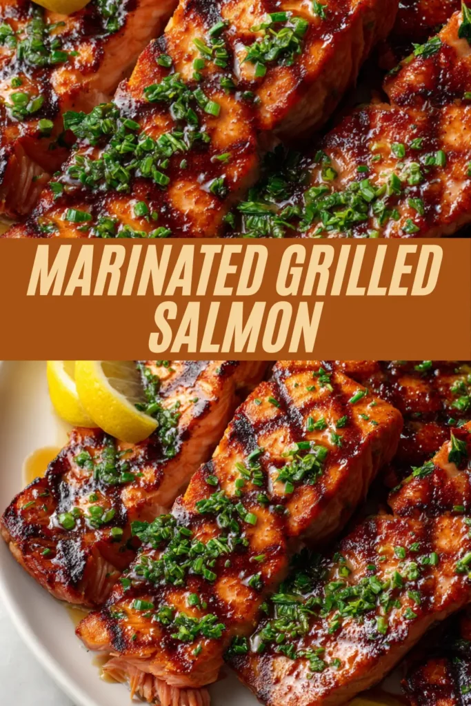 Vertical recipe image of glazed grilled salmon fillets topped with fresh herbs and lemon wedges