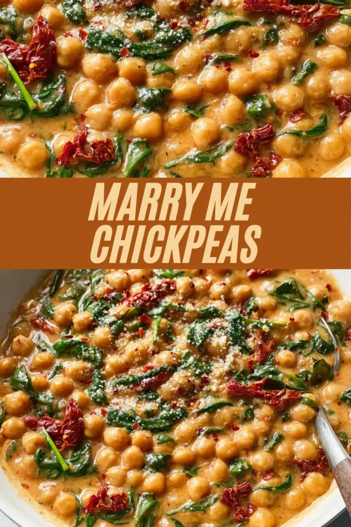 Marry me chickpeas recipe pin with creamy chickpeas, spinach, tomatoes, cheese in golden sauce