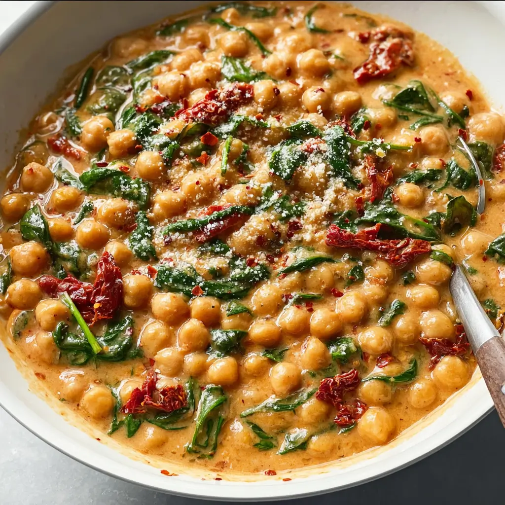 Creamy marry me chickpeas with sun-dried tomatoes, spinach, parmesan in golden sauce bowl
