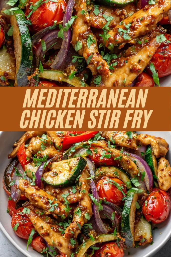 Mediterranean chicken stir fry with chicken strips zucchini peppers tomatoes onions fresh herbs bowl