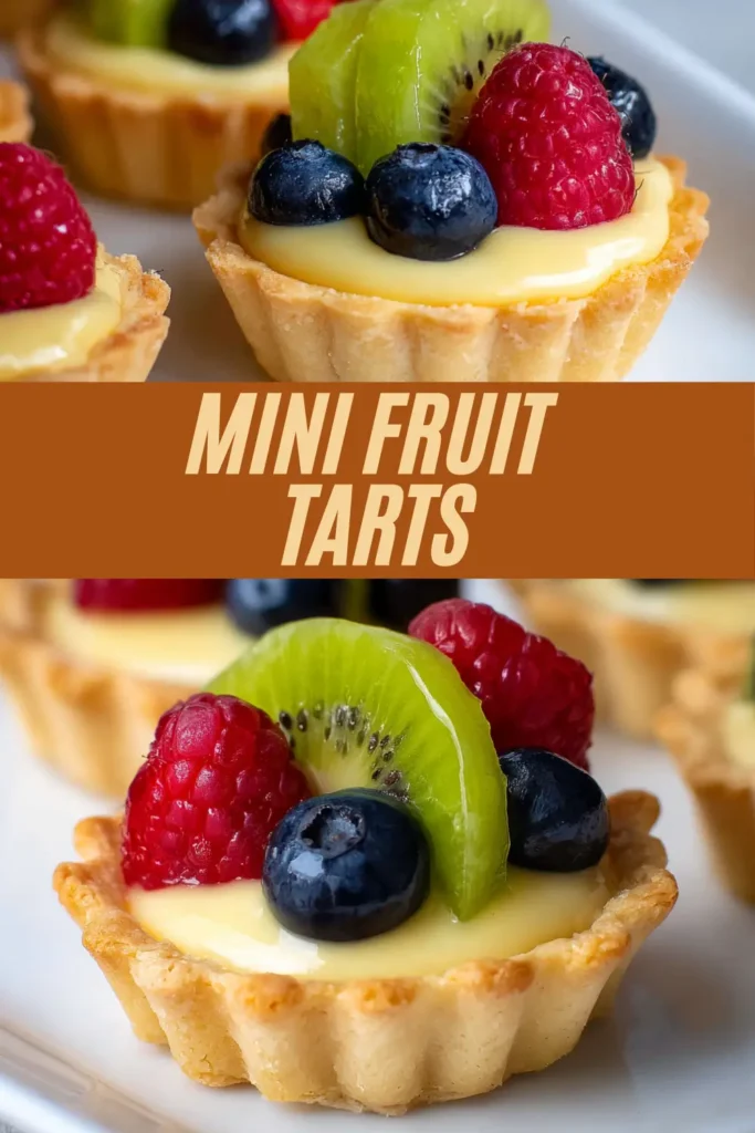 Mini fruit tarts in multiple shots with flaky shells filled with custard topped with raspberries blueberries and kiwi slices on white plates