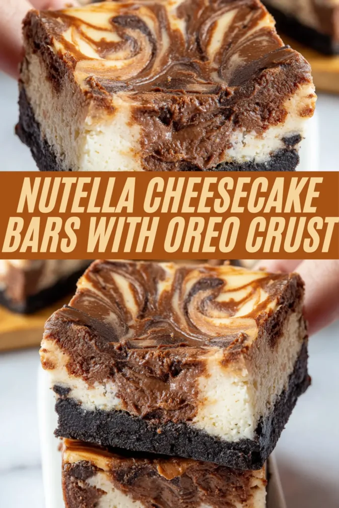 Nutella cheesecake bars featuring creamy white chocolate layers swirled with rich Nutella on a crunchy Oreo crust base